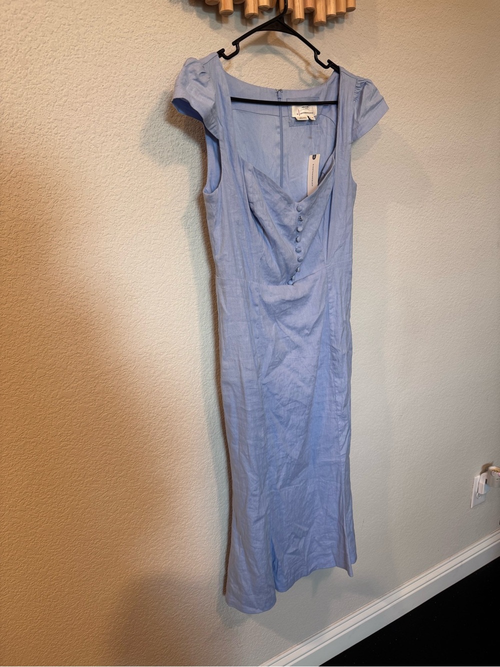 Anthropologie Light Blue Midi Dress Size M| Cap Sleeve Fitted Linen Blend NWT - Picture 9 of 11